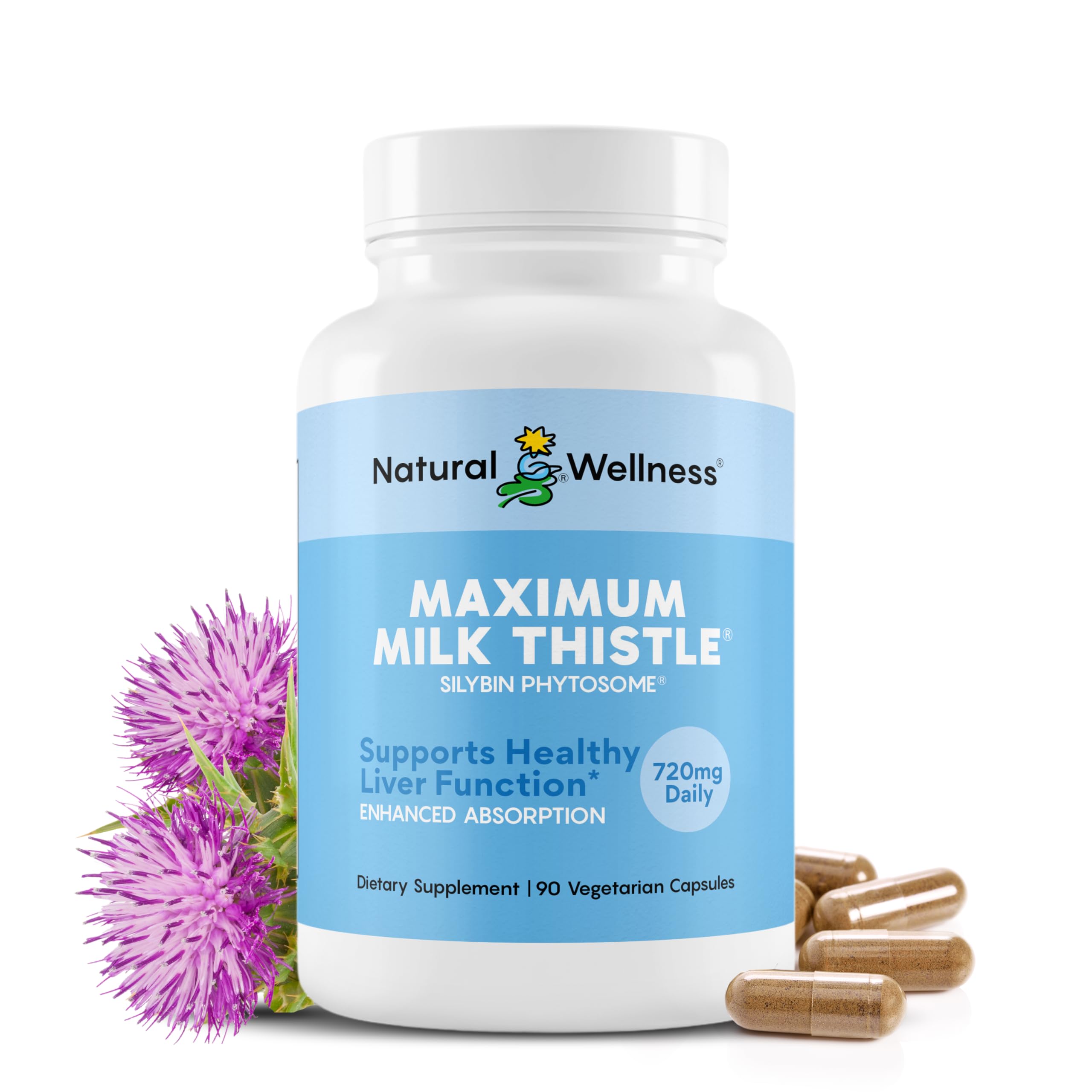 Natural Wellness Maximum Milk Thistle bottle front shows 90 vegan capsules for liver support.