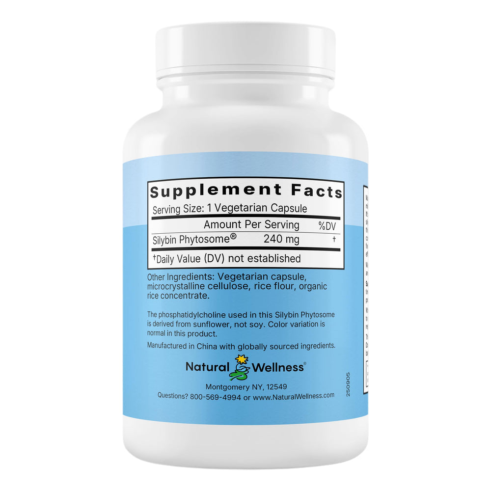 Natural Wellness Maximum Milk Thistle bottle label closeup highlights Silybin Phytosome technology.