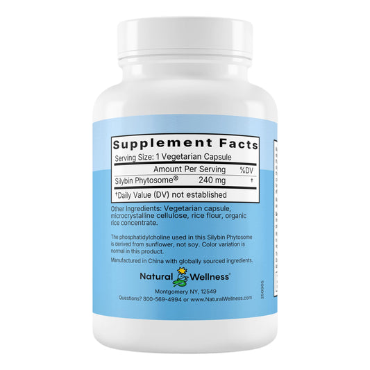 Natural Wellness Maximum Milk Thistle bottle label closeup highlights Silybin Phytosome technology.