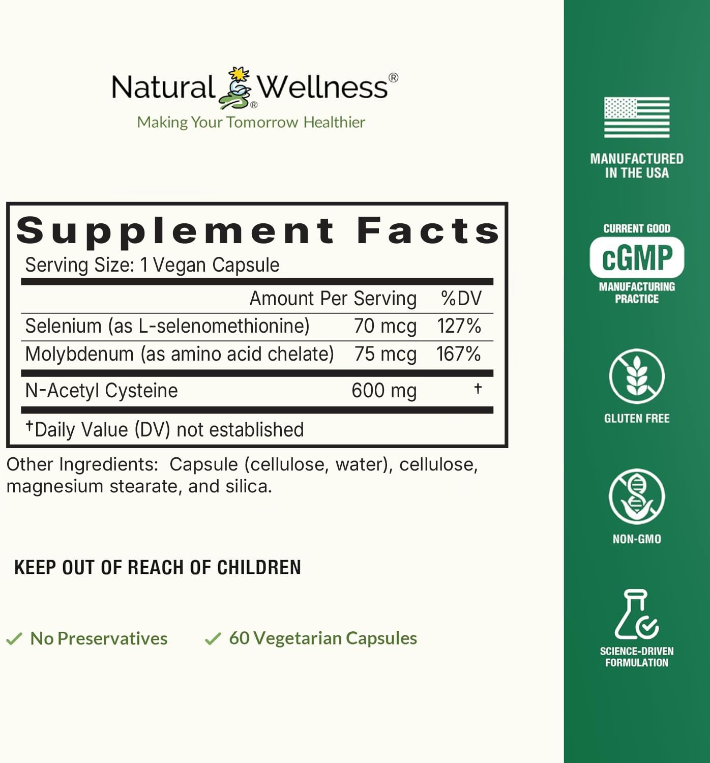 Natural Wellness NAC Plus label close-up showing selenium and molybdenum cofactors