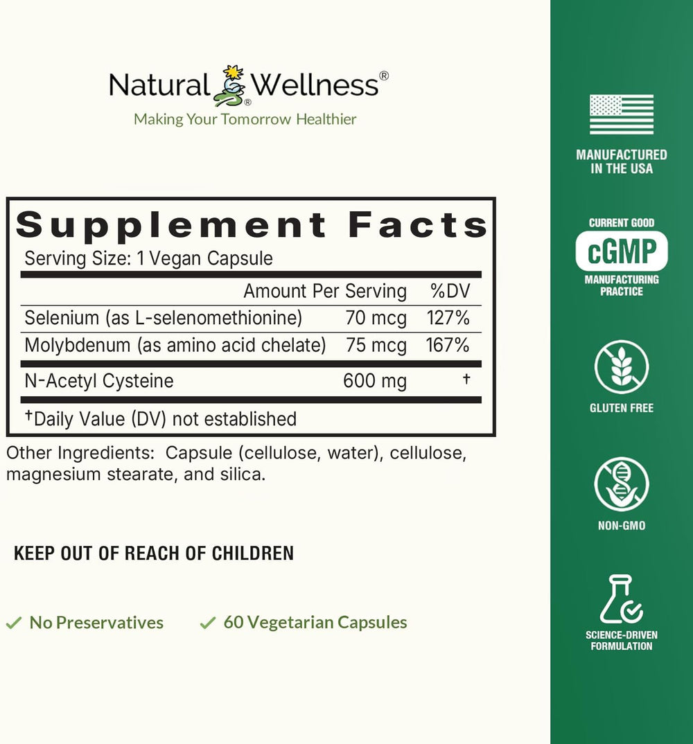 Natural Wellness NAC Plus label close-up showing selenium and molybdenum cofactors