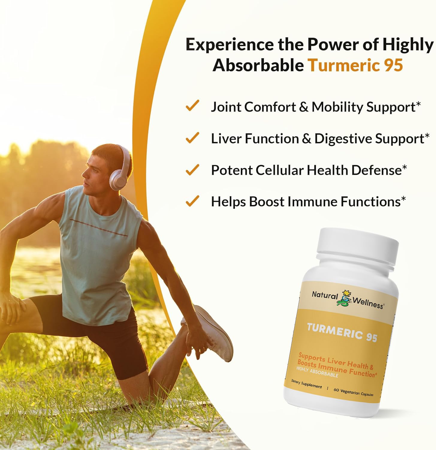 Natural Wellness Turmeric 95 capsules close-up for easy daily intake