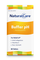 NaturalCare Buffer pH packaging label highlights homeopathic ingredients for natural pH support.