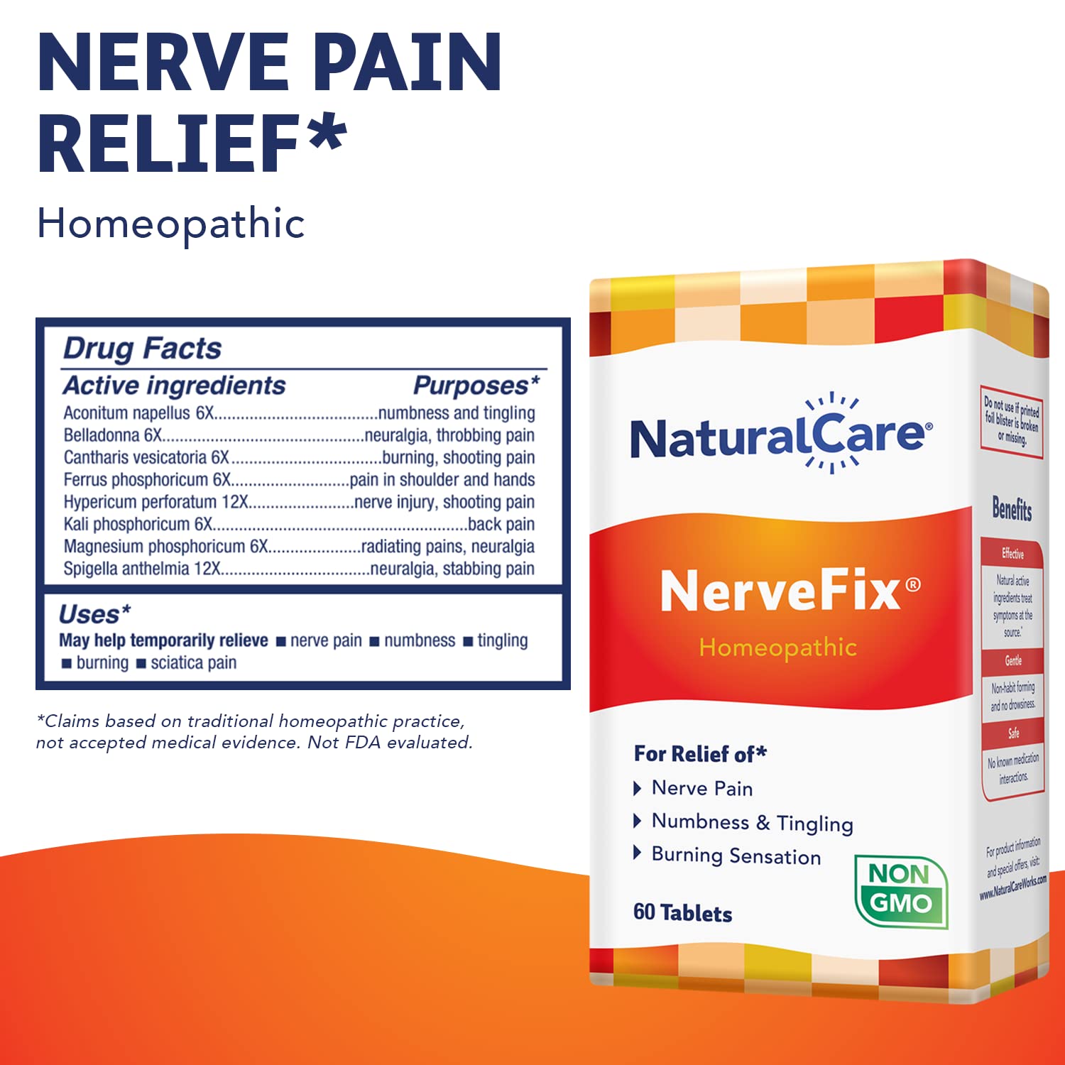 NaturalCare NerveFix tablets close-up showing a natural nerve support formula.