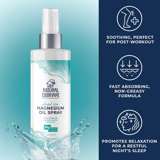 Natural Elephant magnesium oil spray label closeup showcasing pure Dead Sea minerals