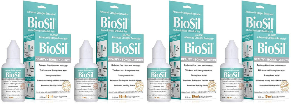 Natural Factors BioSil Beauty Bones & Joints Liquid bottle, dropper in use, supports collagen-related beauty benefits.