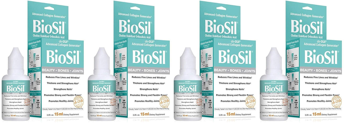 Natural Factors BioSil Beauty Bones & Joints Liquid bottle, dropper in use, supports collagen-related beauty benefits.