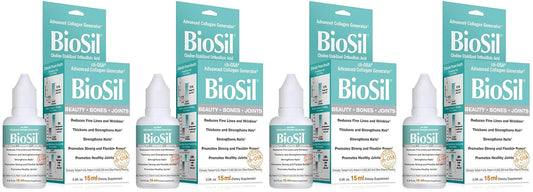 Natural Factors BioSil Beauty Bones & Joints Liquid bottle, dropper in use, supports collagen-related beauty benefits.