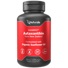 Naturalis Astaxanthin 12mg softgels in bottle front for joint support and antioxidant protection.