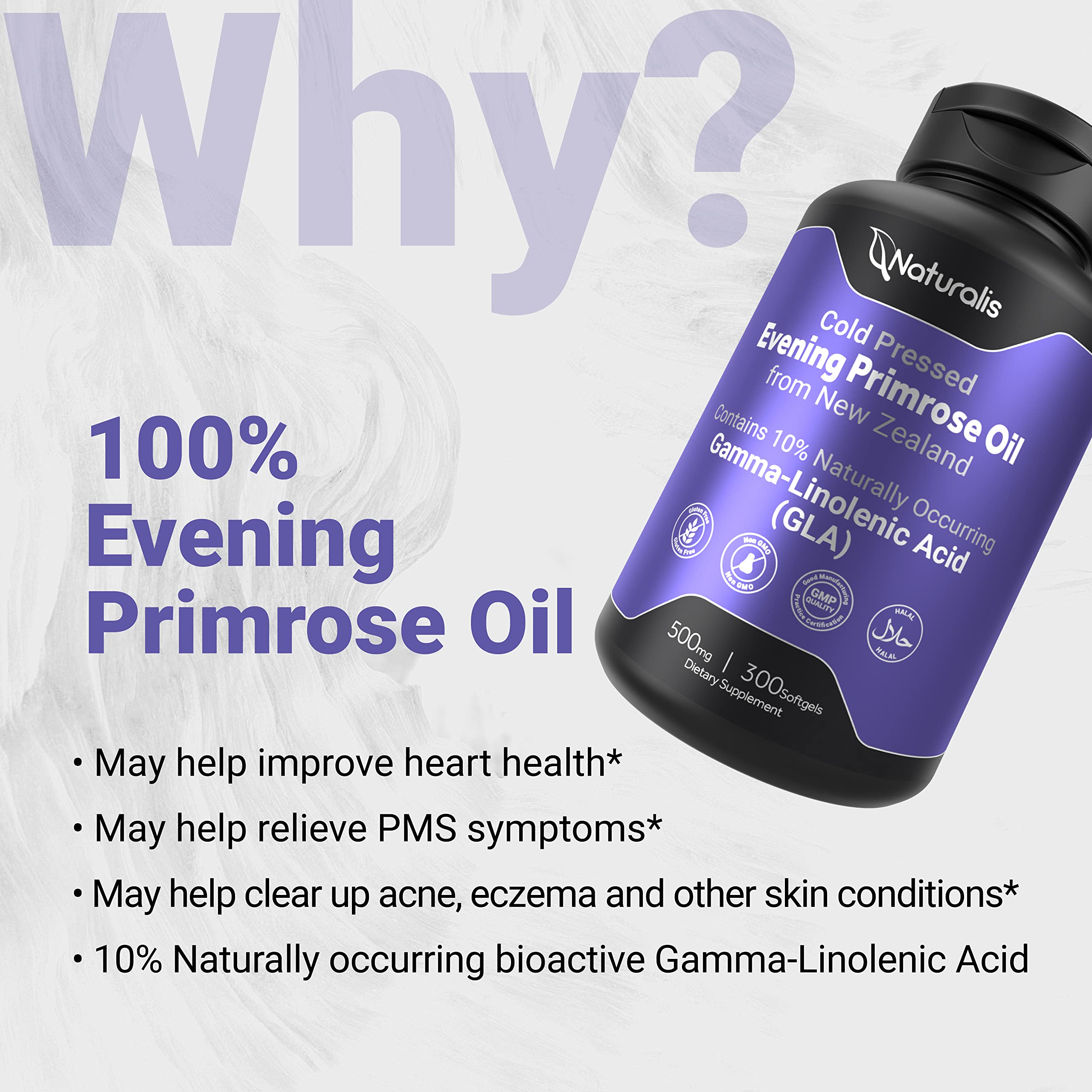 Naturalis Evening Primrose Oil softgels poured, suggesting easy daily ritual.
