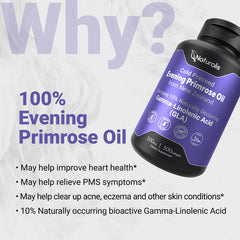 Naturalis Evening Primrose Oil softgels poured, suggesting easy daily ritual.