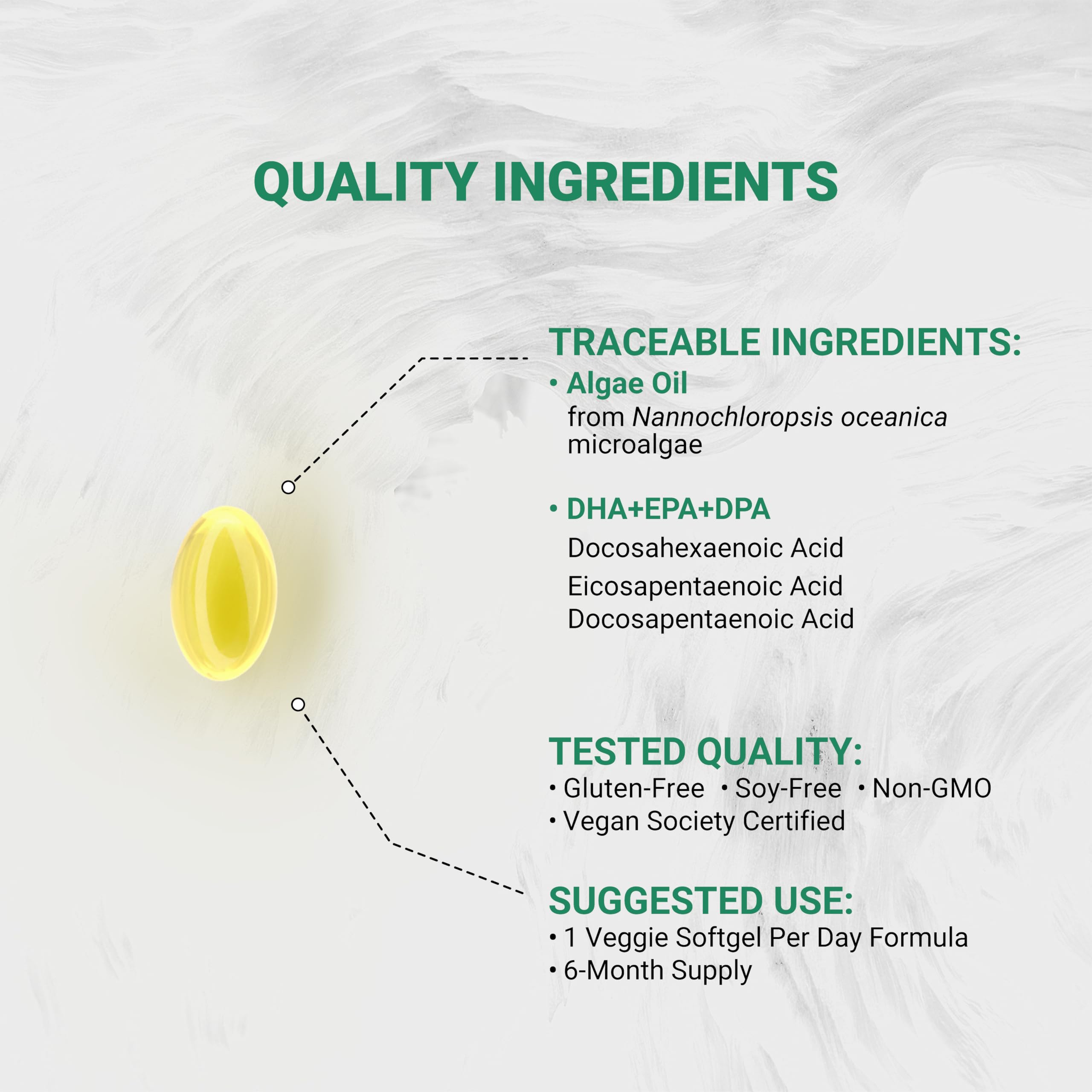 Naturalis microalgae oil label detail, full omega-3 spectrum