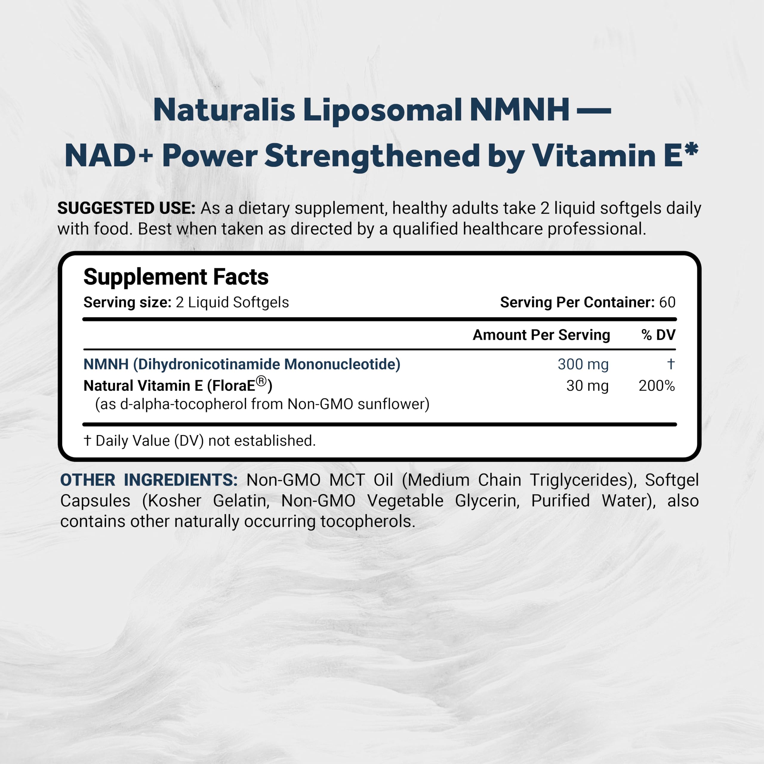 Close-up of Naturalis NMNH softgels highlighting convenient daily supplementation.