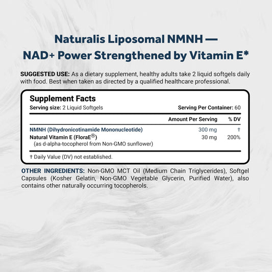 Close-up of Naturalis NMNH softgels highlighting convenient daily supplementation.