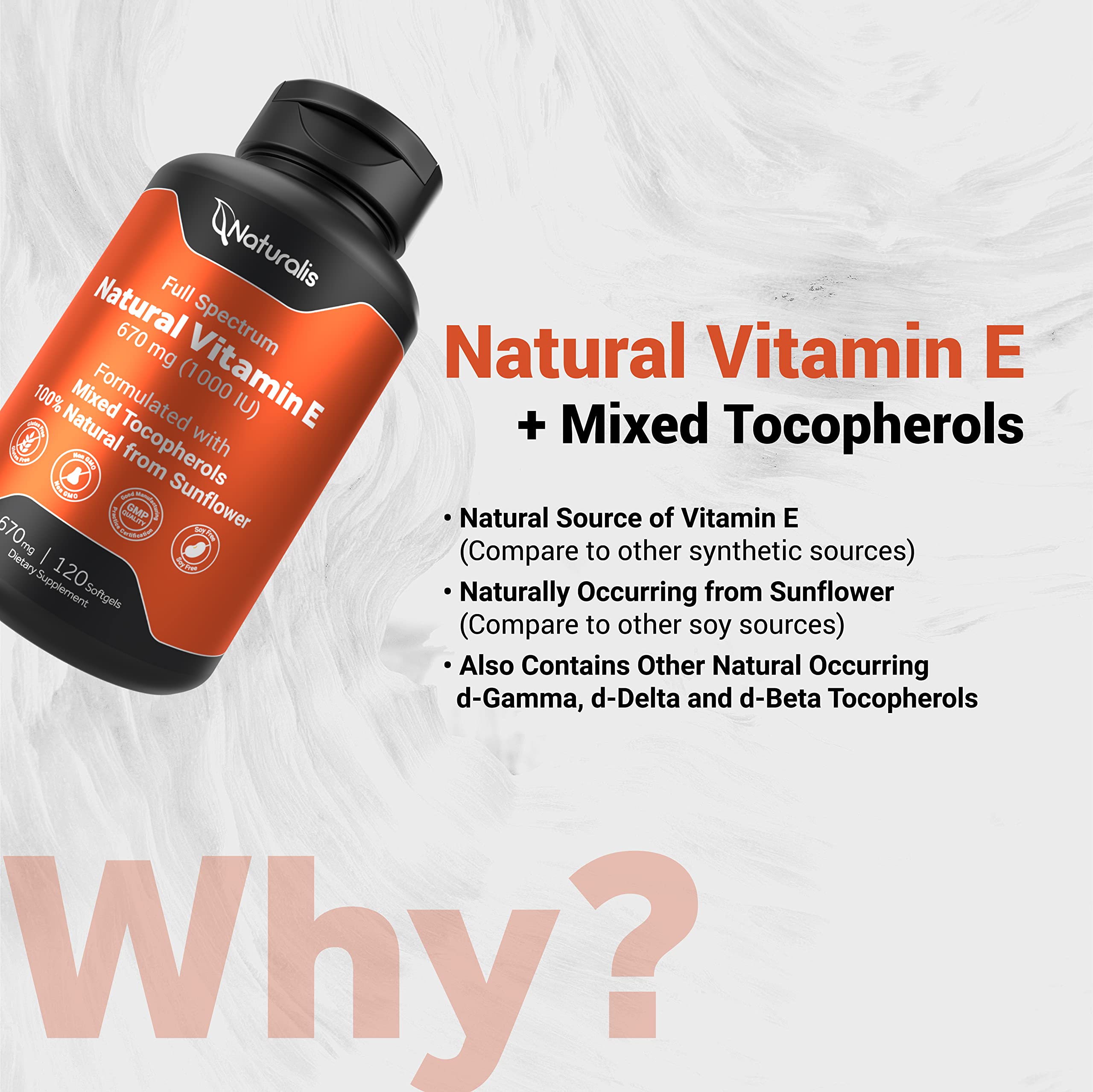 Naturalis vitamin E label shows Non-GMO, gluten-free, soy-free certifications.