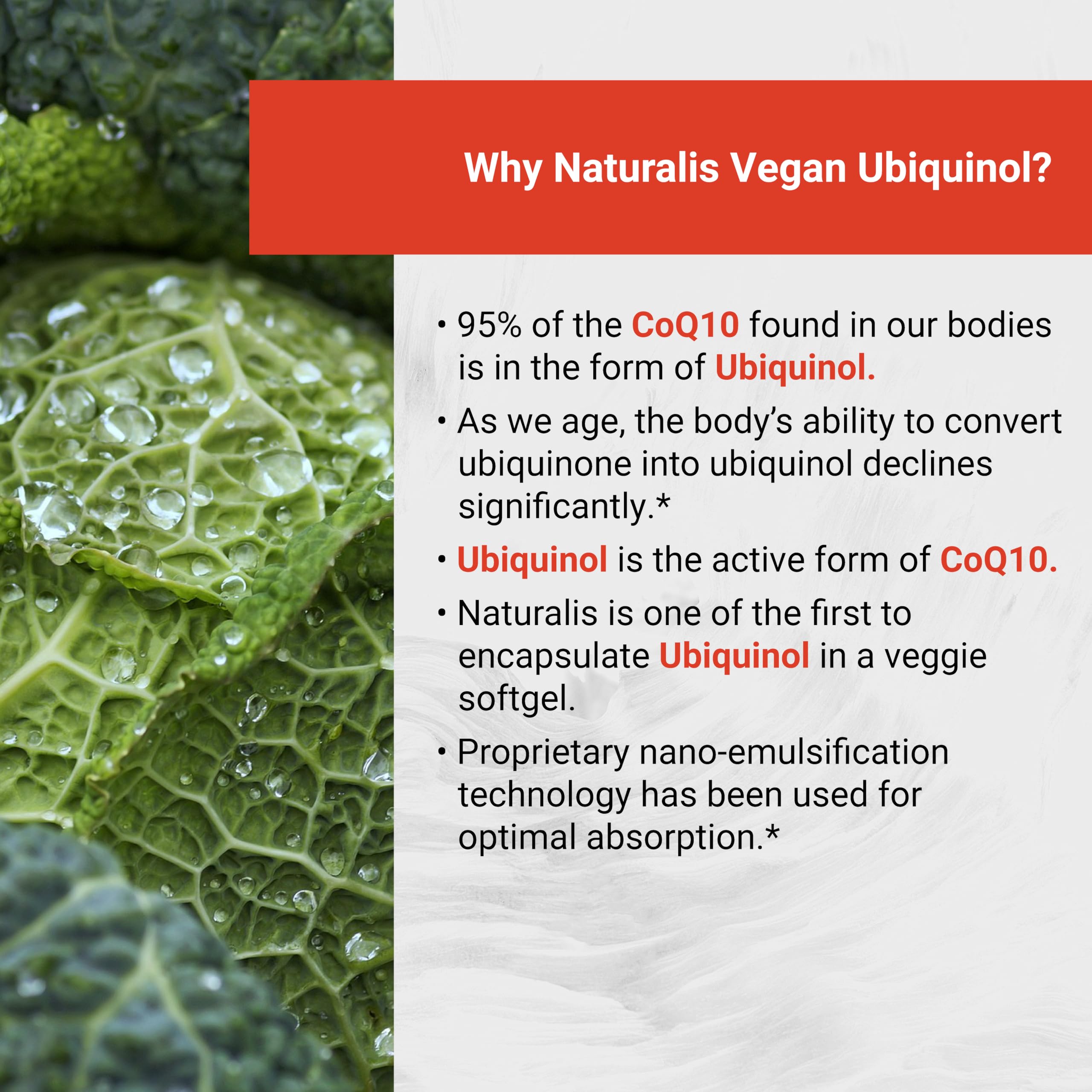 Naturalis Ubiquinol 100mg label emphasizing gluten-free, non-GMO, soy-free attributes.