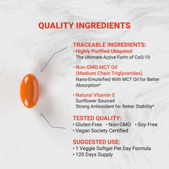 Naturalis Ubiquinol 100mg label detail highlighting gluten-free and non-GMO status.