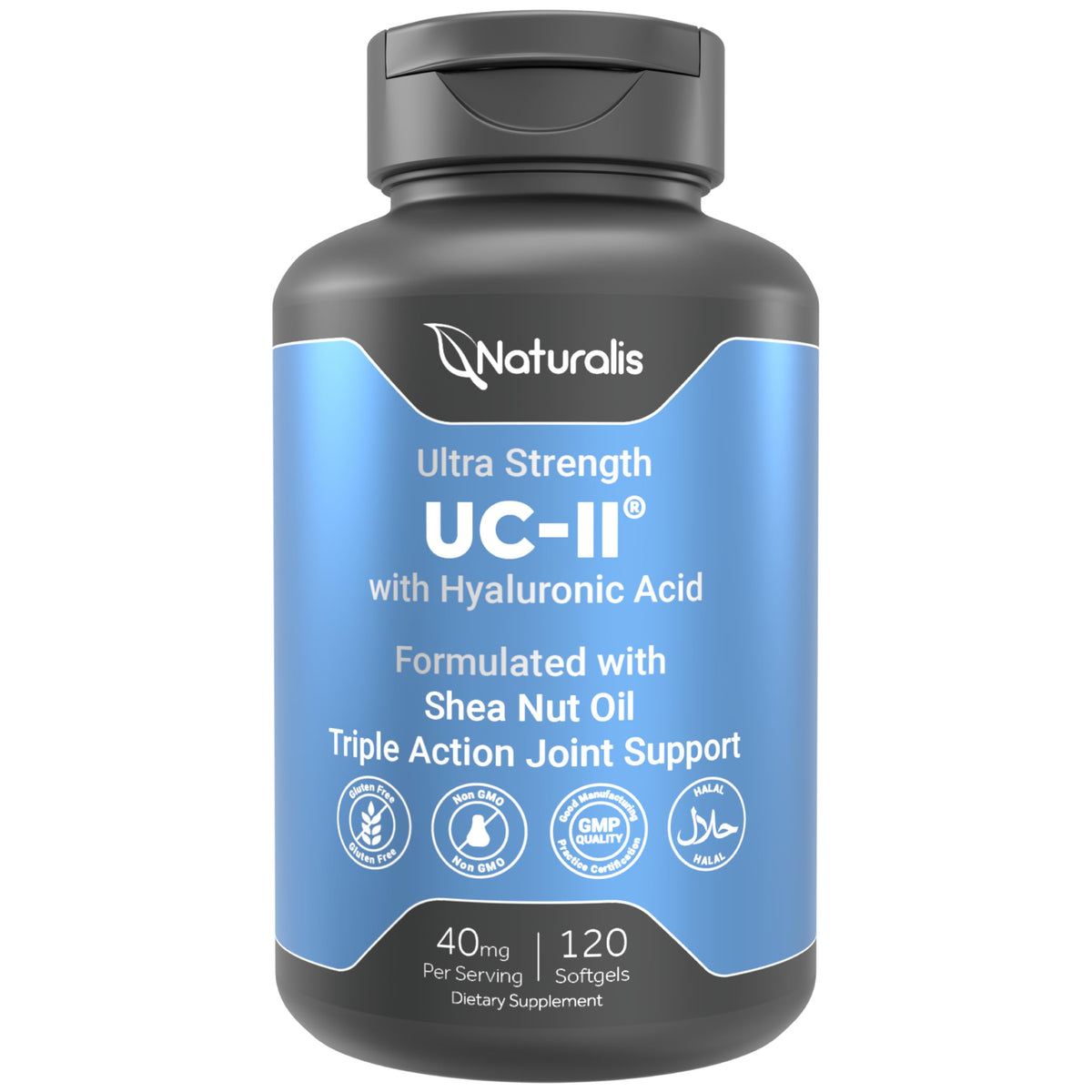 Naturalis UC-II 40 mg softgel bottle for joint comfort and mobility.