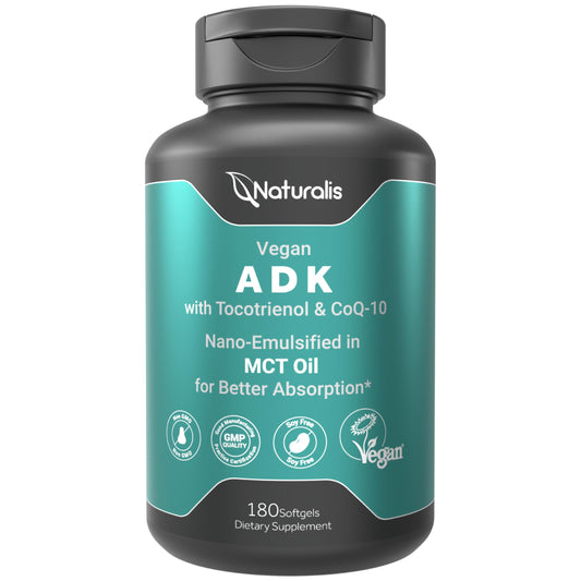 Naturalis Vegan ADKE softgels bottle for convenient daily supplementation.
