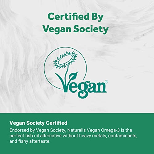 Naturalis Vegan algae oil label emphasizes sustainability and full-spectrum nutrients for mindful choices.