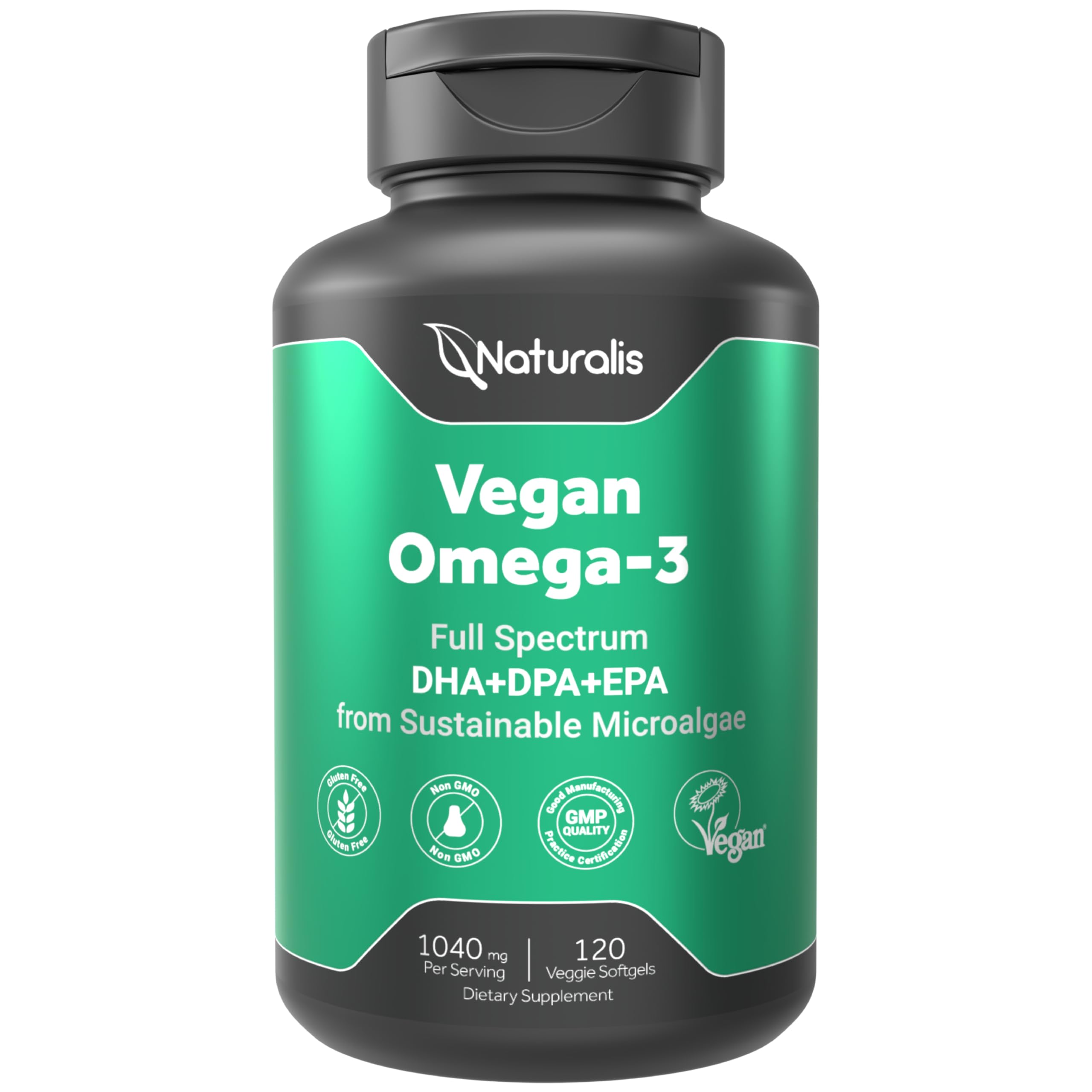 Naturalis Vegan Omega-3 bottle shows full-spectrum algae oil with potential heart-support benefits.
