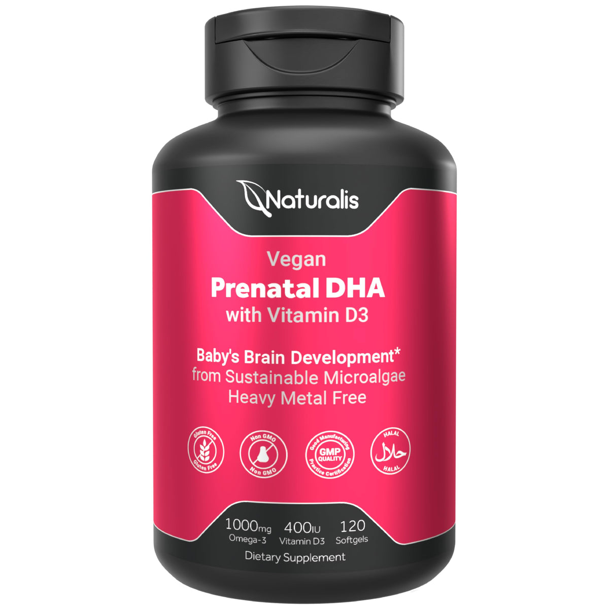 Naturalis Vegan Prenatal Pro bottle shows omega-3 support for fetal brain and eye development.
