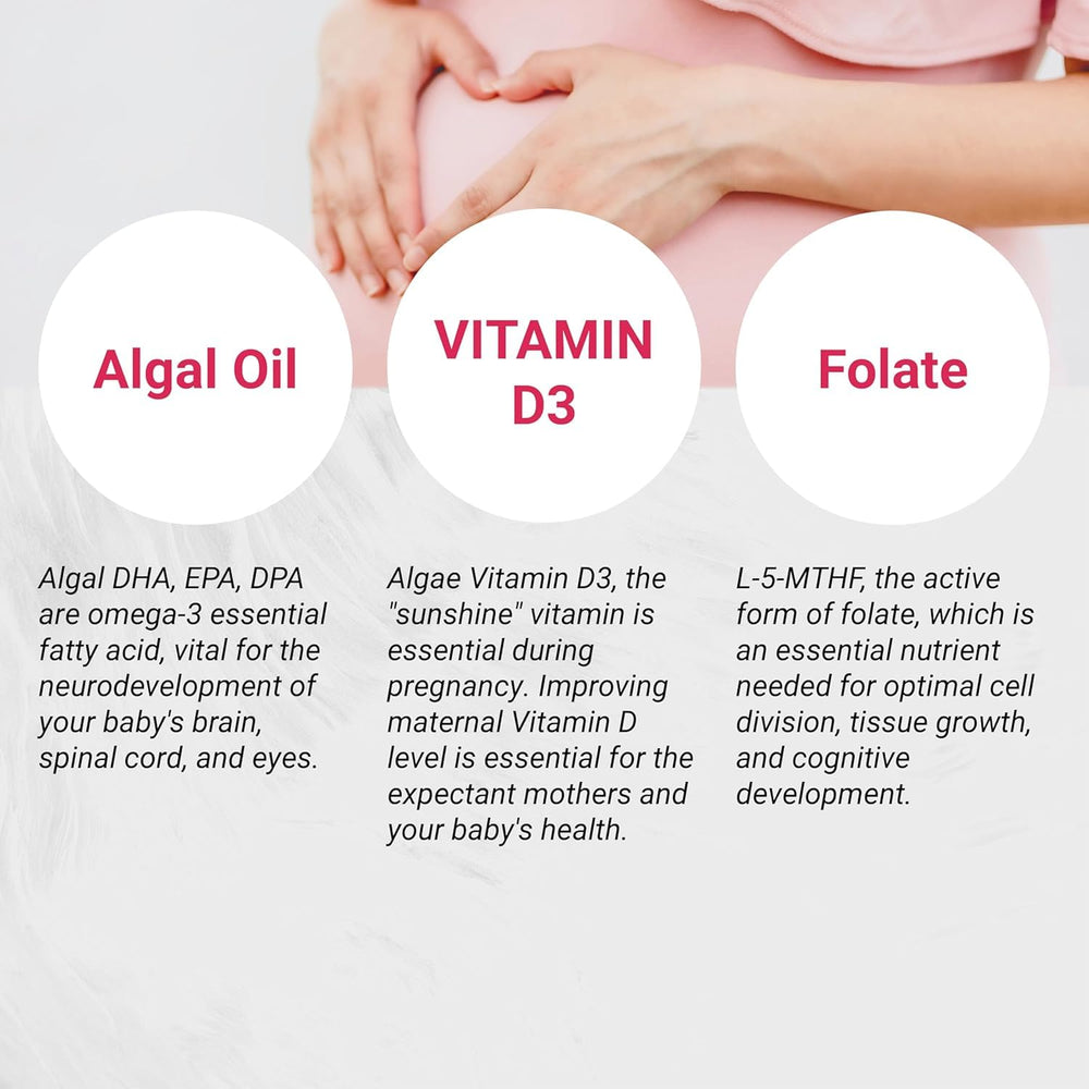 Naturalis Vegan Prenatal Pro label showcases algae-based DHA with Vitamin D3 synergy.