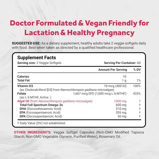Naturalis Vegan Prenatal Pro softgels highlight convenient two-per-day DHA, EPA, and DPA delivery.