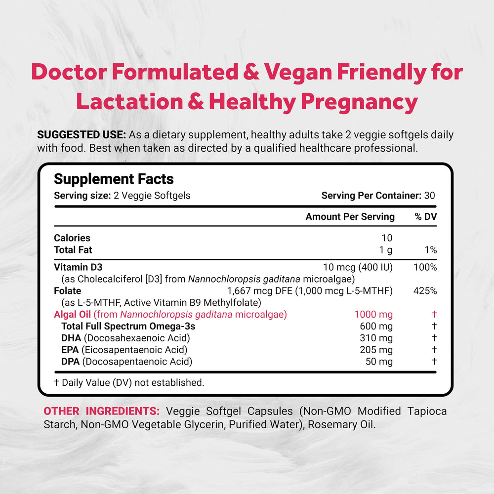 Naturalis Vegan Prenatal softgels close-up showing algae-based DHA EPA DPA