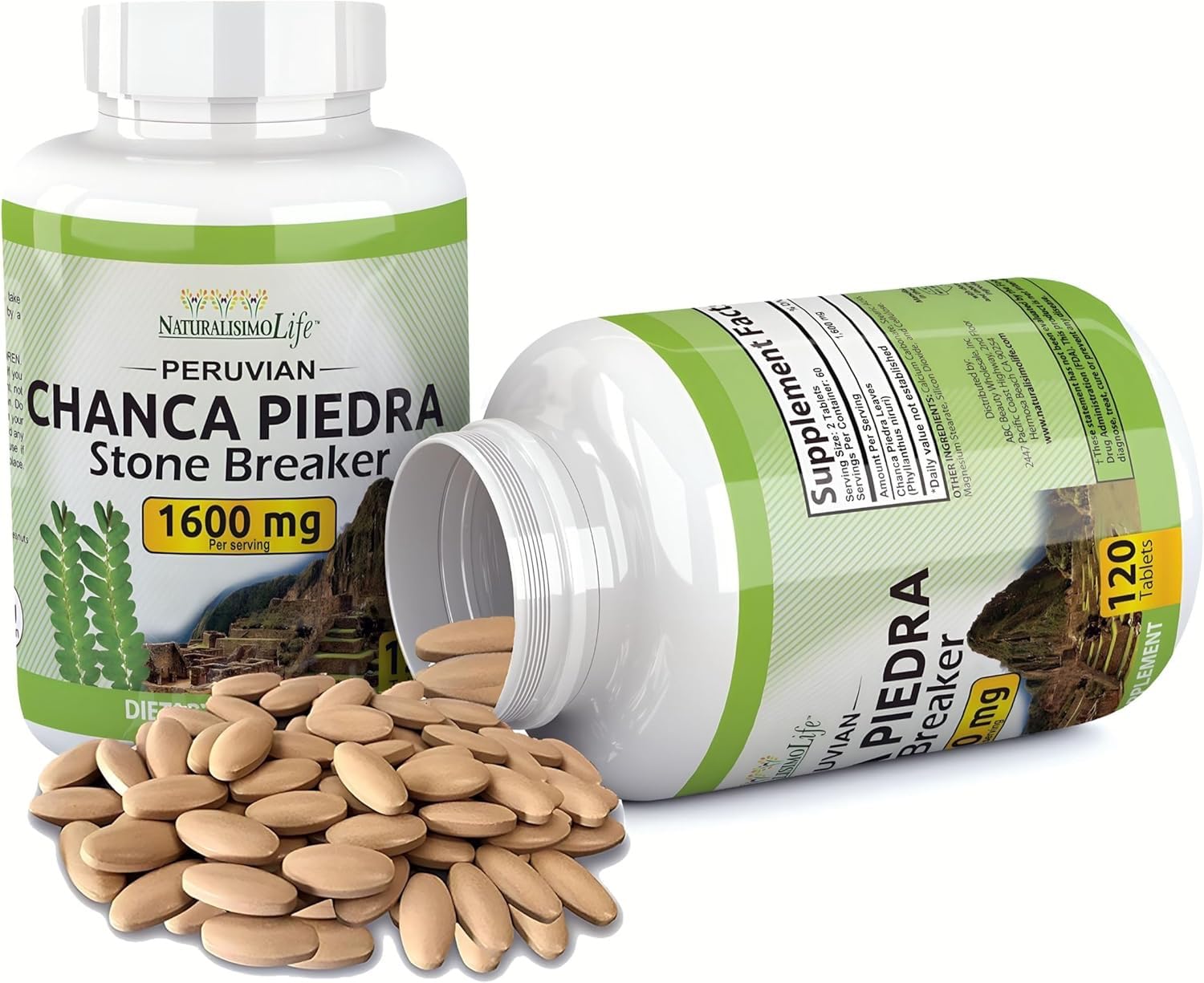 Chanca Piedra tablets pouring from NaturalisimoLife bottle for easy dosing.