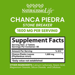NaturalisimoLife chanca piedra bottle label highlights vegan and non-GMO features.