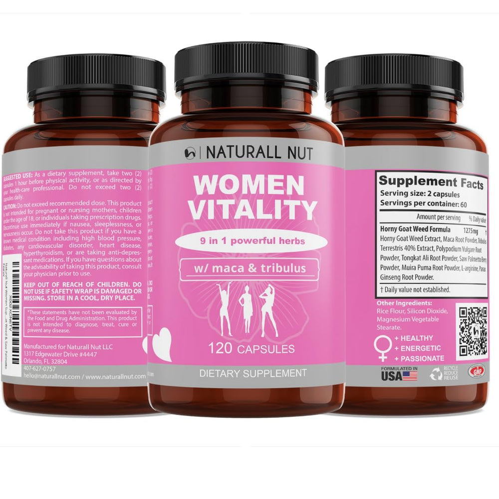 Naturall Nut Women Vitality ingredients list featuring maca, ginseng, and horny goat weed.