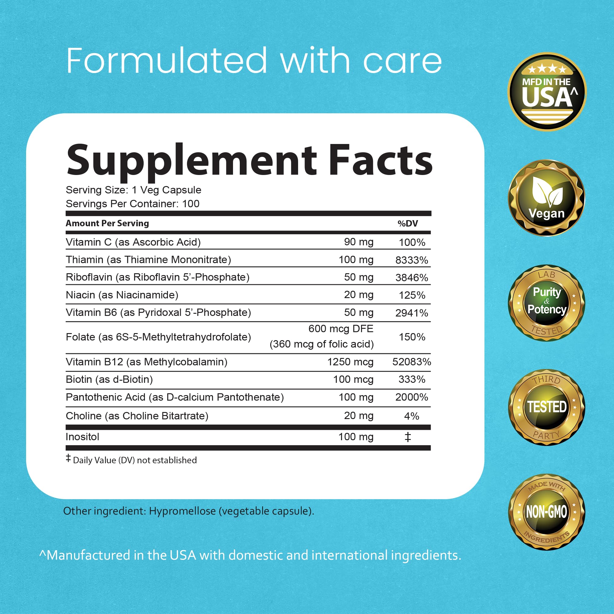 NaturaLife Labs Vitamin B-Complex active forms label highlights B2, B6, B9, B12 for bioavailability