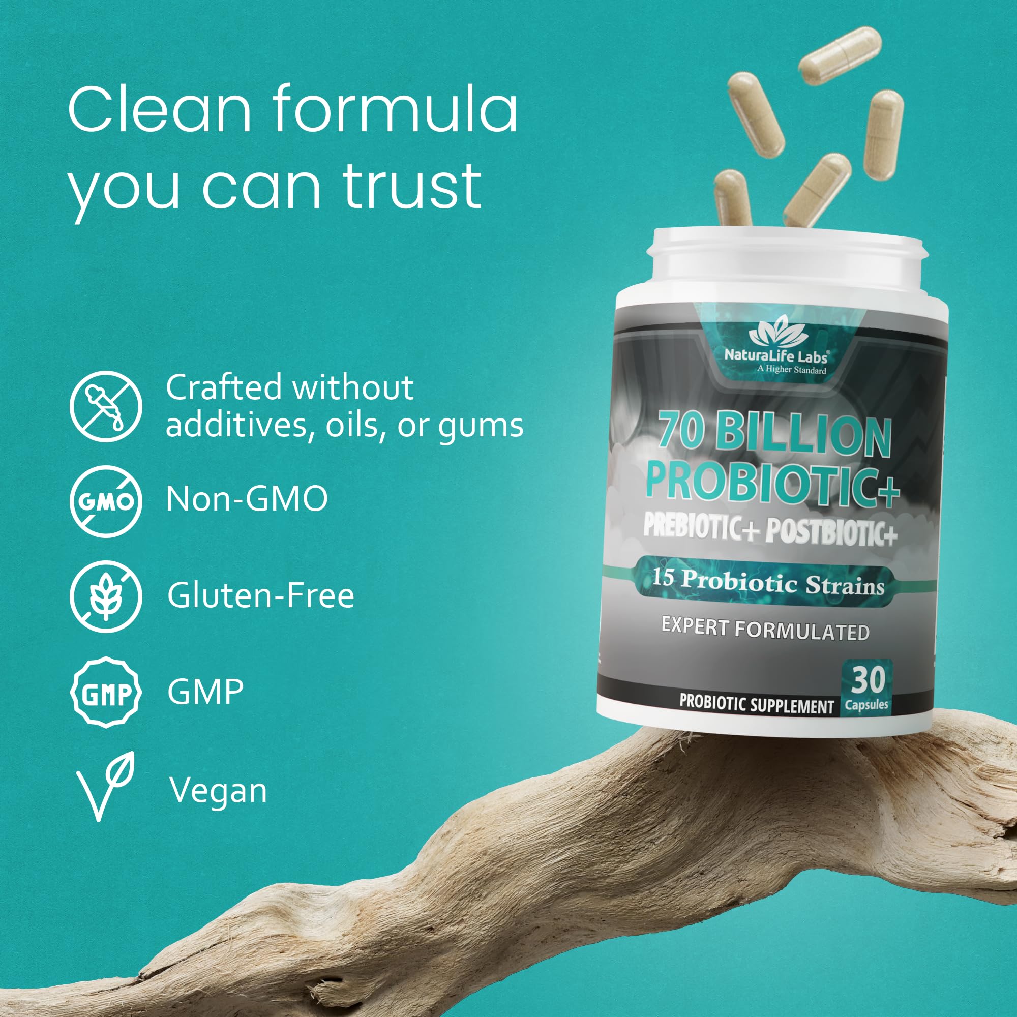 NaturaLife Labs postbiotic metabolites closeup suggests a balanced gut environment.