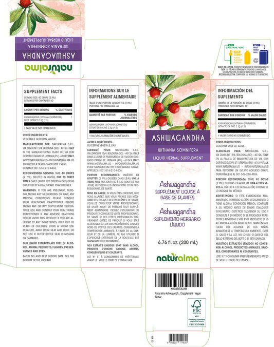 Naturalma Ashwagandha liquid extract bottle showing 1:5 ratio and purity.