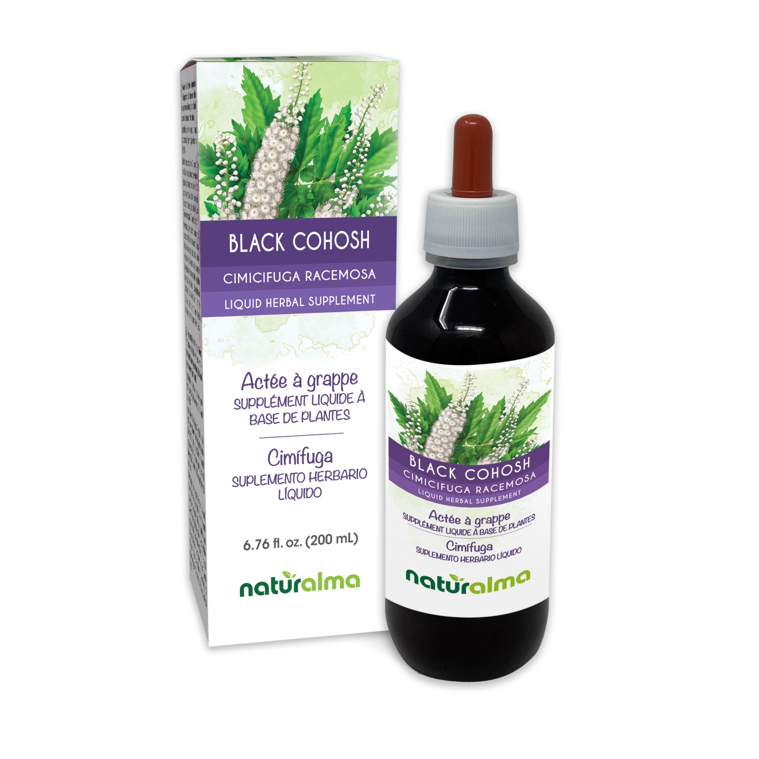 Naturalma Black Cohosh tincture bottle showing an alcohol-free liquid extract for daily use.