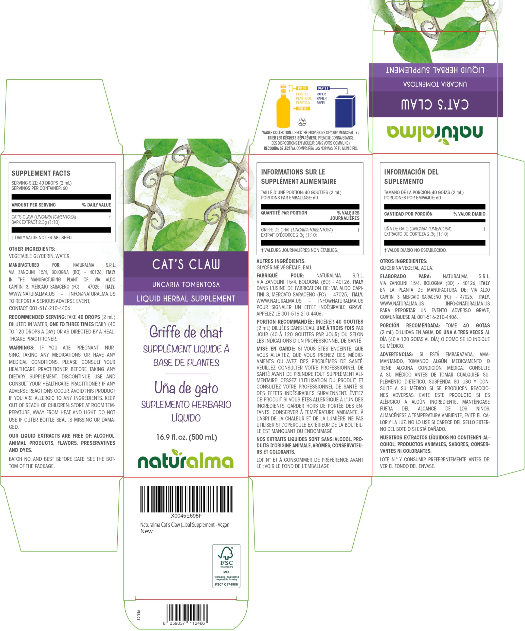 Naturalma Cats Claw tincture drops 2ml serving for convenient dosing and use.