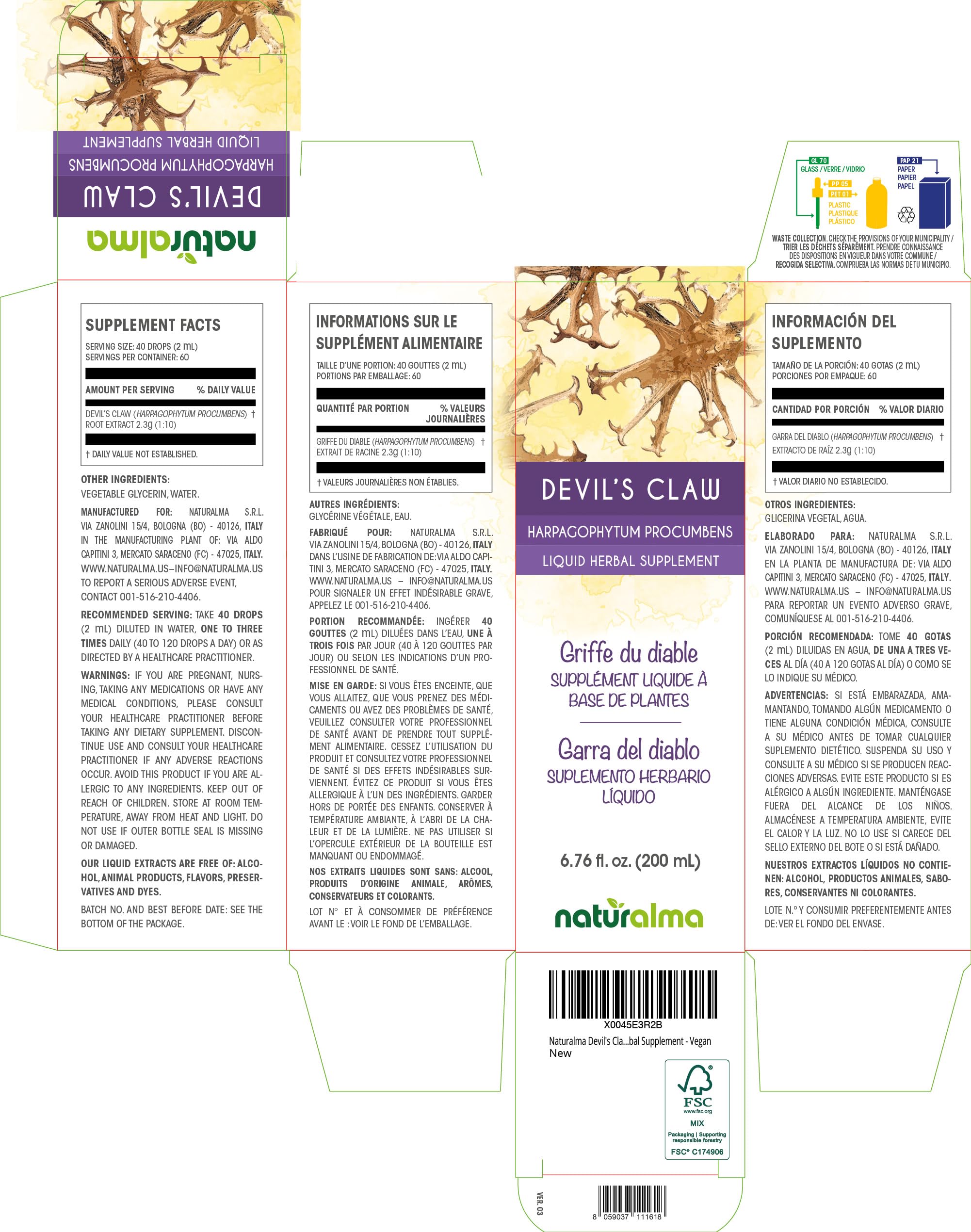 Naturalma Devils Claw label close-up highlights Italian-made tincture.