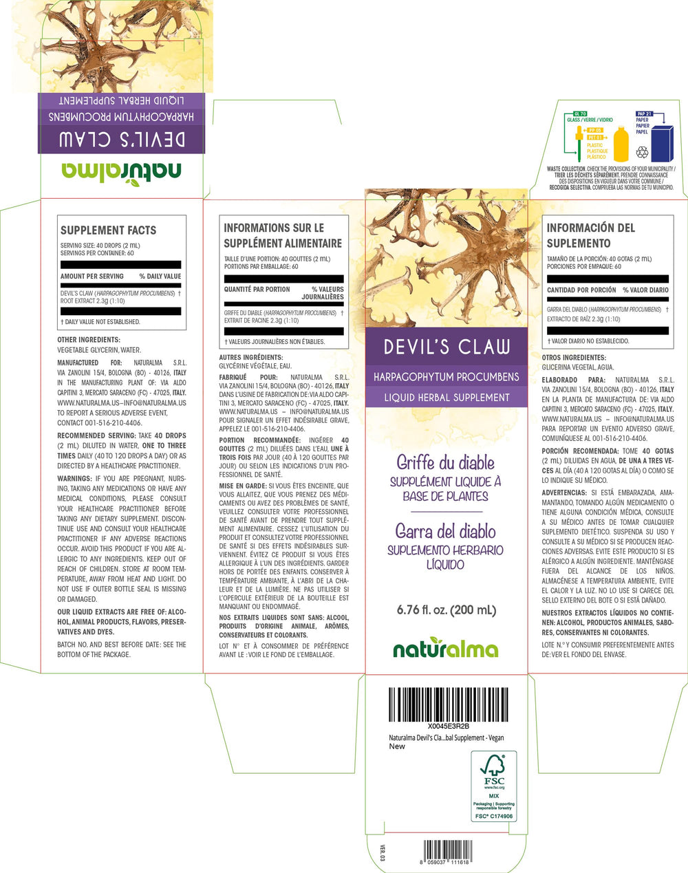 Naturalma Devils Claw label close-up highlights Italian-made tincture.