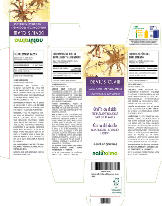 Naturalma Devils Claw label close-up highlights Italian-made tincture.