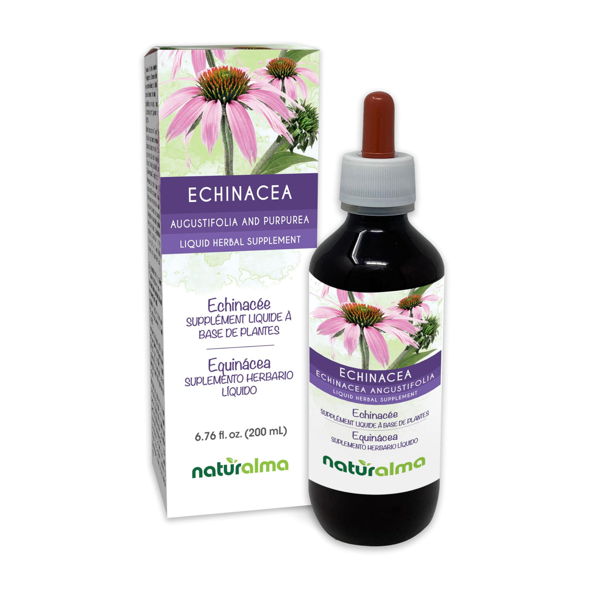 Naturalma Echinacea bottle front shows alcohol-free tincture for daily wellness.