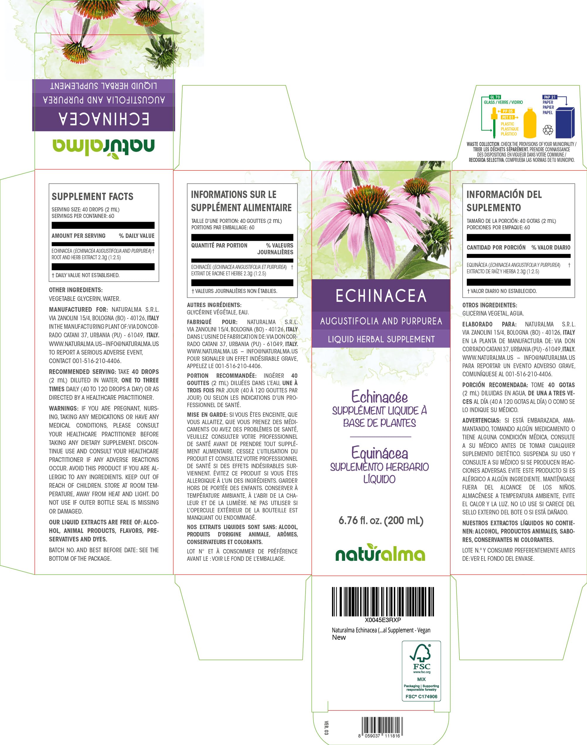 Naturalma Echinacea drops pour demonstrates easy dosing in a mild-tasting liquid.