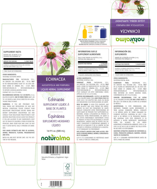 Naturalma Echinacea label closeup highlights vegan, natural ingredients.