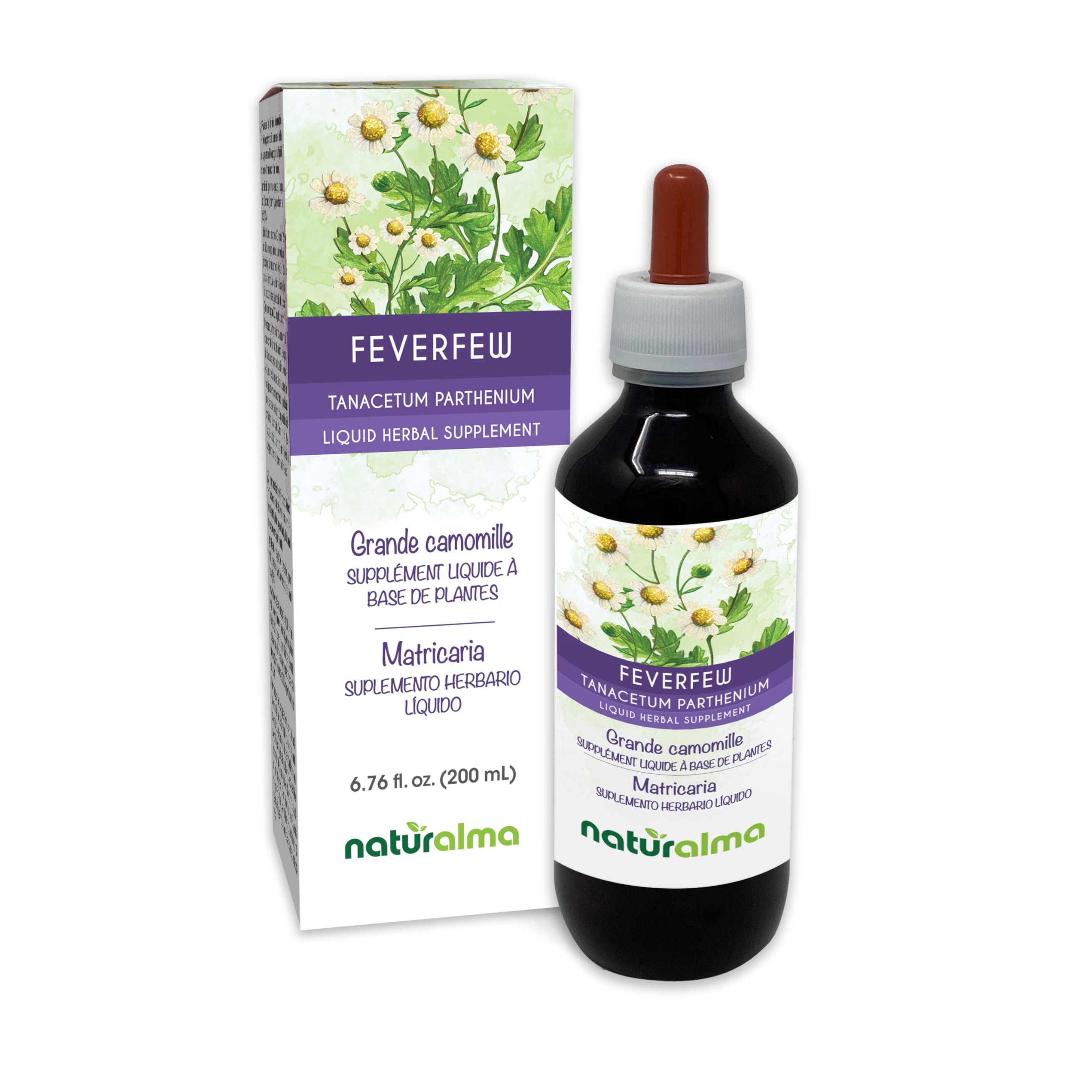Naturalma Feverfew tincture bottle with dropper, alcohol-free herbal supplement for daily use