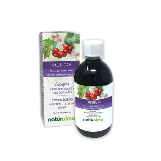 Naturalma hawthorn tincture bottle showing hawthorn leaves and flowers, alcohol-free daily herbal supplement.