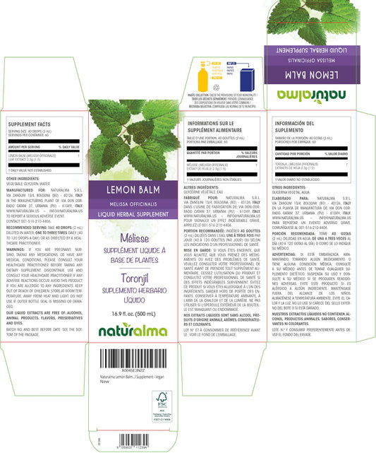Naturalma lemon balm tincture label close-up showing alcohol-free formula