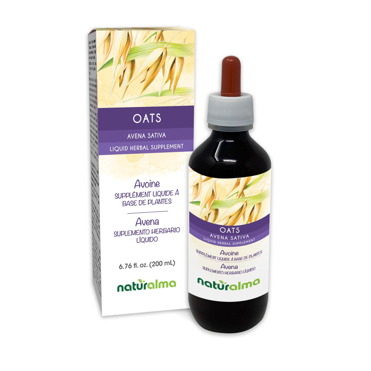 Naturalma Oats tincture bottle shows alcohol-free formula for daily use.