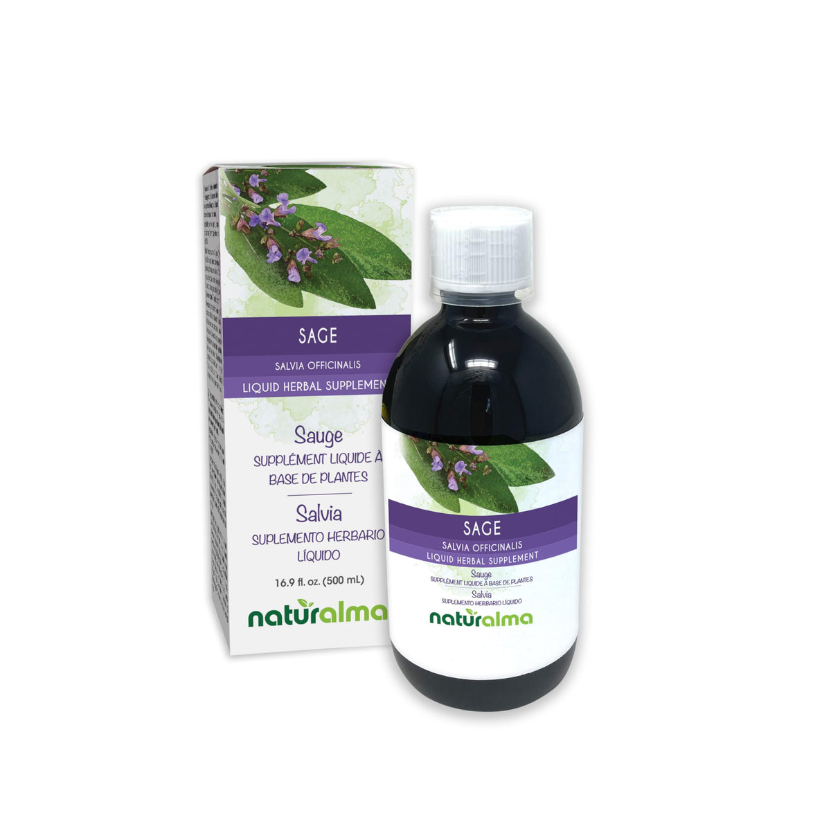 Naturalma Sage leaf tincture bottle highlights alcohol-free formula for a pleasant herbal routine.