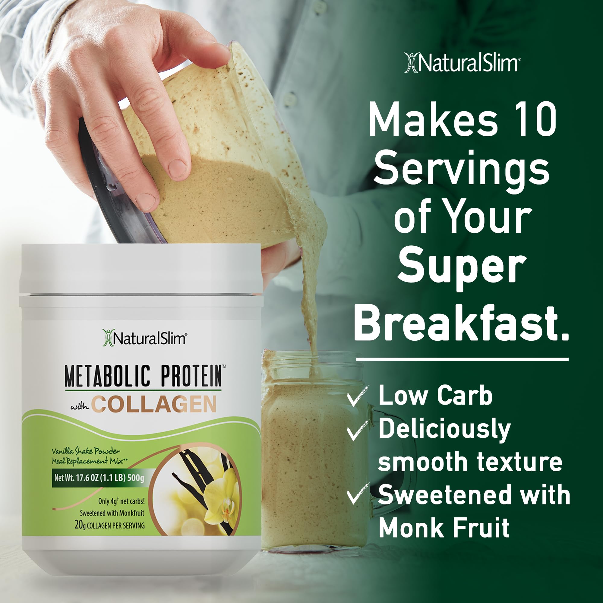 NaturalSlim Easy-to-mix powder on kitchen counter with measuring scoop