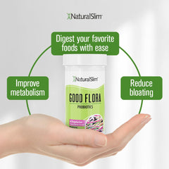 NaturalSlim Good Flora bloat relief scene suggests potential digestive comfort after meals